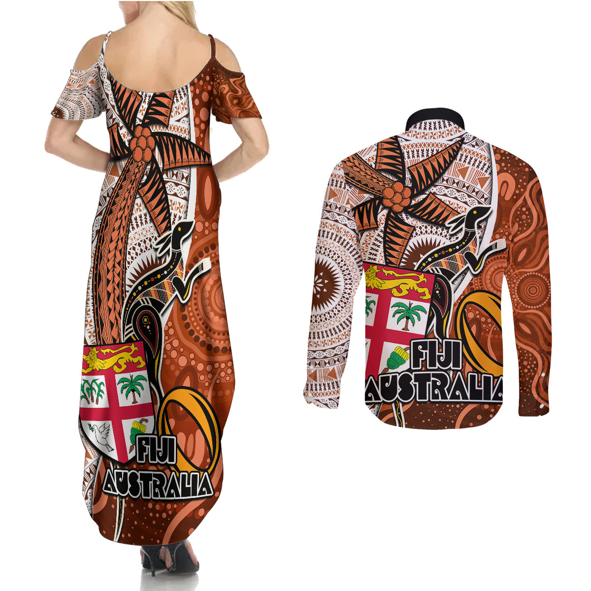 fiji-australia-rugby-couples-matching-summer-maxi-dress-and-long-sleeve-button-shirts-kangaroo-and-palm-tree-orange-tapa-pattern-mix-aboriginal