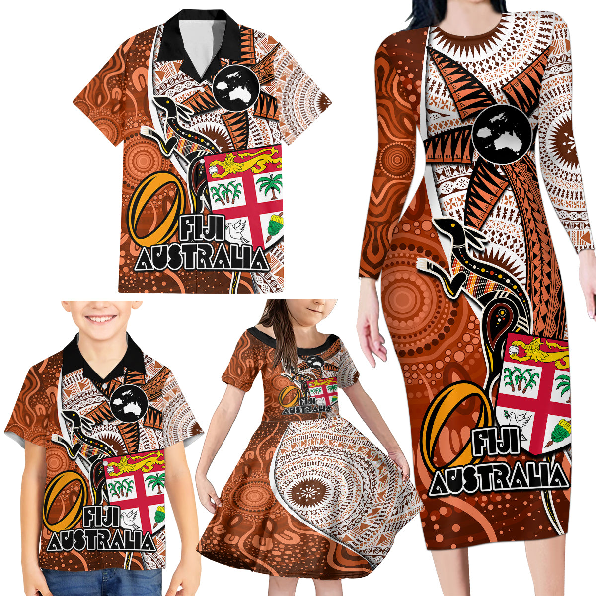 fiji-australia-rugby-family-matching-long-sleeve-bodycon-dress-and-hawaiian-shirt-kangaroo-and-palm-tree-orange-tapa-pattern-mix-aboriginal