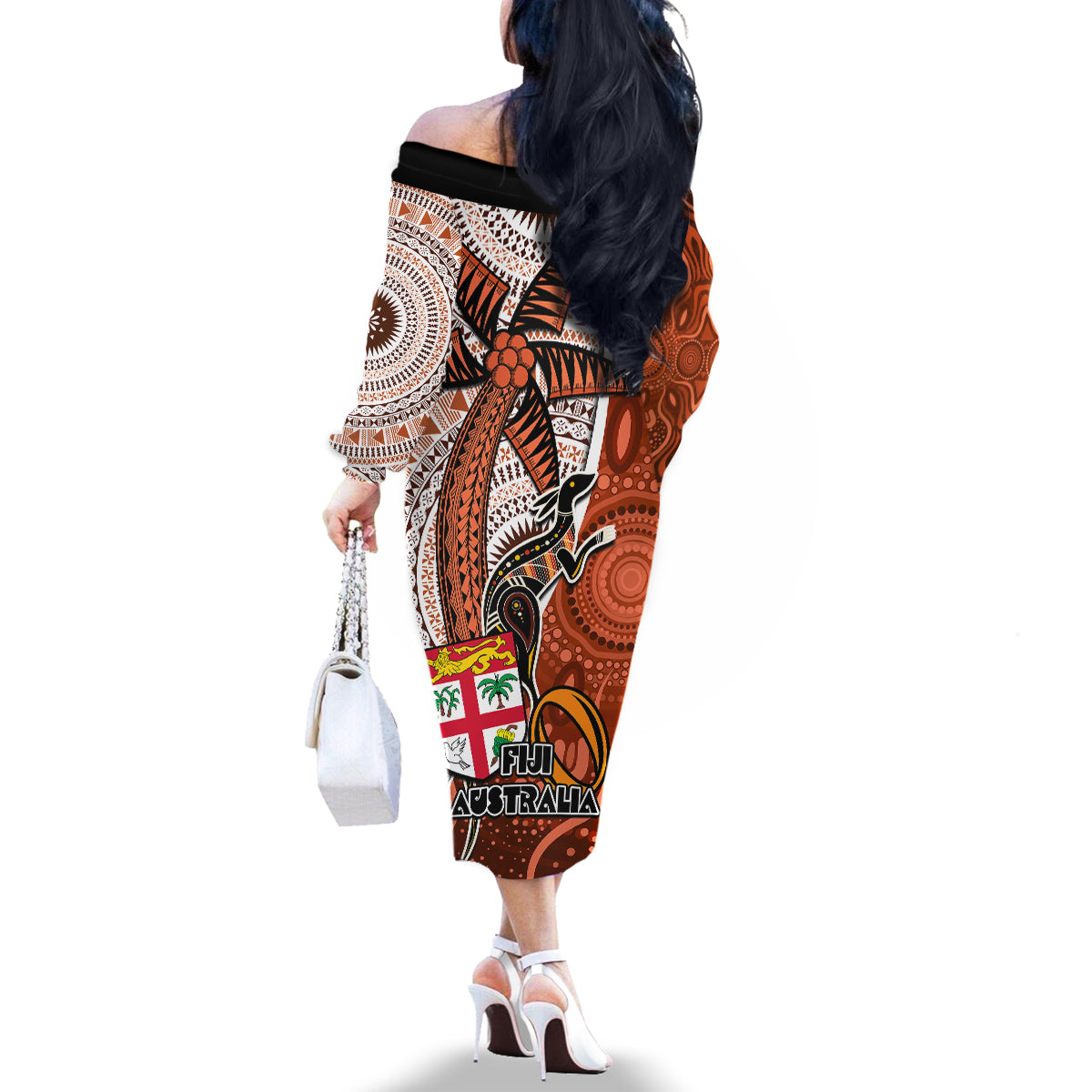 fiji-australia-rugby-family-matching-off-shoulder-long-sleeve-dress-and-hawaiian-shirt-kangaroo-and-palm-tree-orange-tapa-pattern-mix-aboriginal