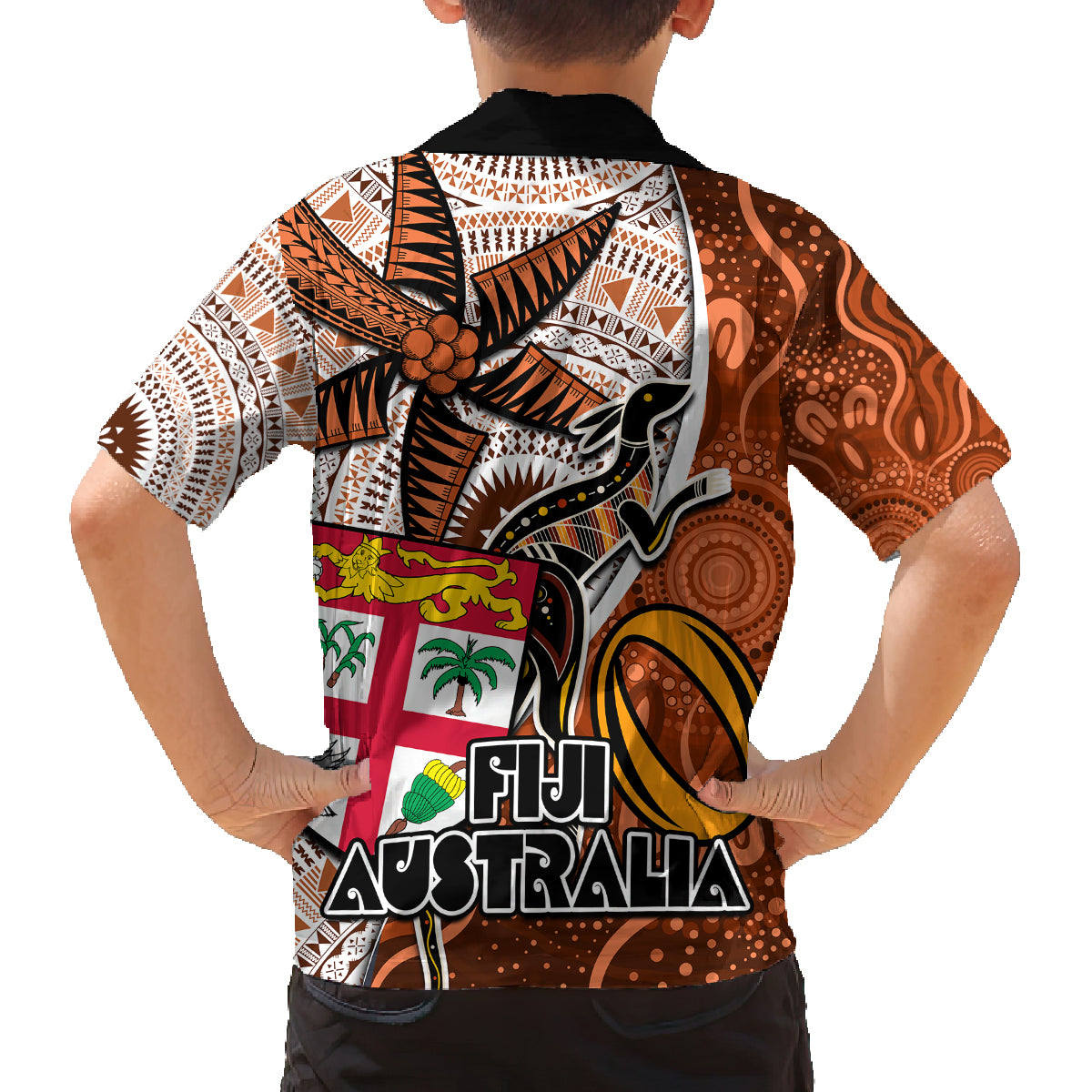 fiji-australia-rugby-family-matching-off-shoulder-short-dress-and-hawaiian-shirt-kangaroo-and-palm-tree-orange-tapa-pattern-mix-aboriginal