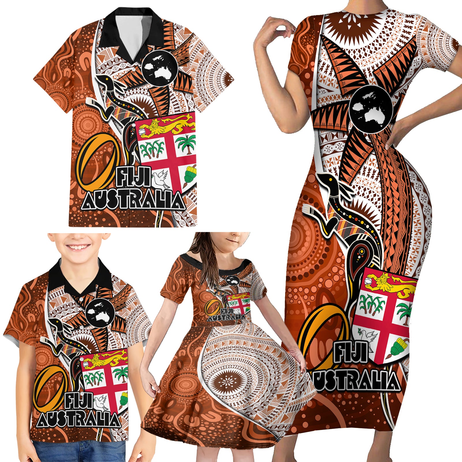 fiji-australia-rugby-family-matching-short-sleeve-bodycon-dress-and-hawaiian-shirt-kangaroo-and-palm-tree-orange-tapa-pattern-mix-aboriginal