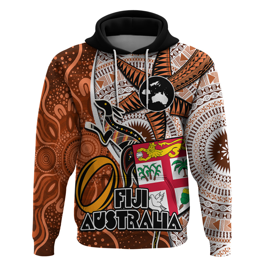 Fiji Australia Rugby Hoodie Kangaroo and Palm Tree Orange Tapa Pattern Mix Aboriginal LT03 Pullover Hoodie Orange - Polynesian Pride
