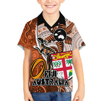 Fiji Australia Rugby Kid Hawaiian Shirt Kangaroo and Palm Tree Orange Tapa Pattern Mix Aboriginal LT03 Kid Orange - Polynesian Pride