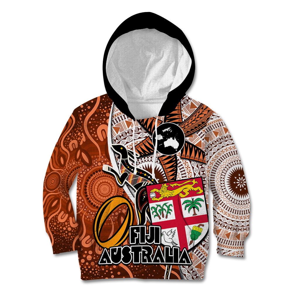 Fiji Australia Rugby Kid Hoodie Kangaroo and Palm Tree Orange Tapa Pattern Mix Aboriginal LT03 Orange - Polynesian Pride