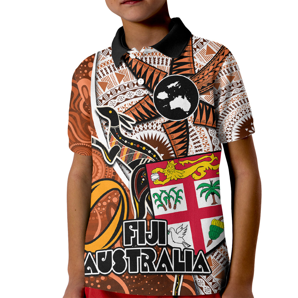 Fiji Australia Rugby Kid Polo Shirt Kangaroo and Palm Tree Orange Tapa Pattern Mix Aboriginal LT03 Kid Orange - Polynesian Pride