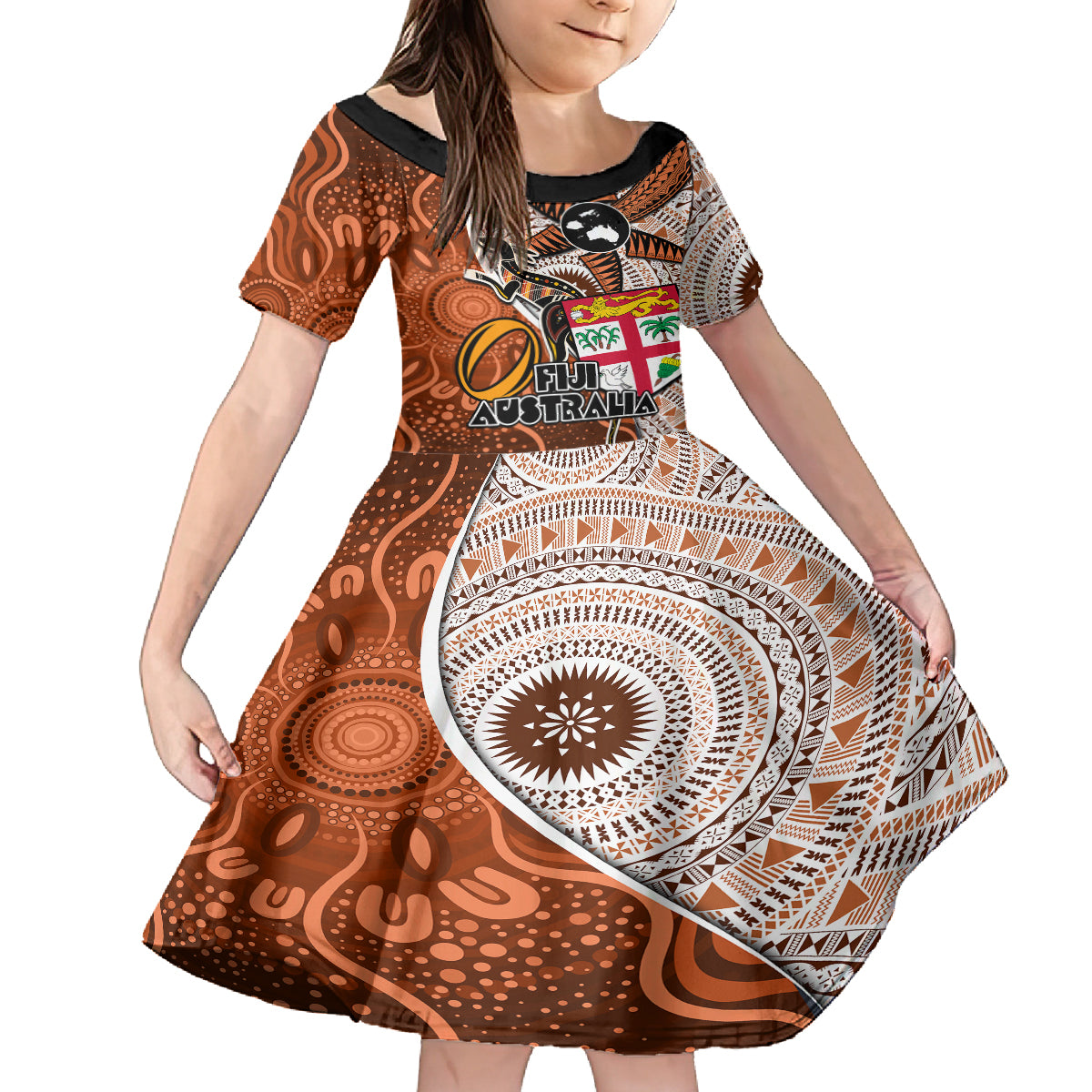 Fiji Australia Rugby Kid Short Sleeve Dress Kangaroo and Palm Tree Orange Tapa Pattern Mix Aboriginal LT03 KID Orange - Polynesian Pride