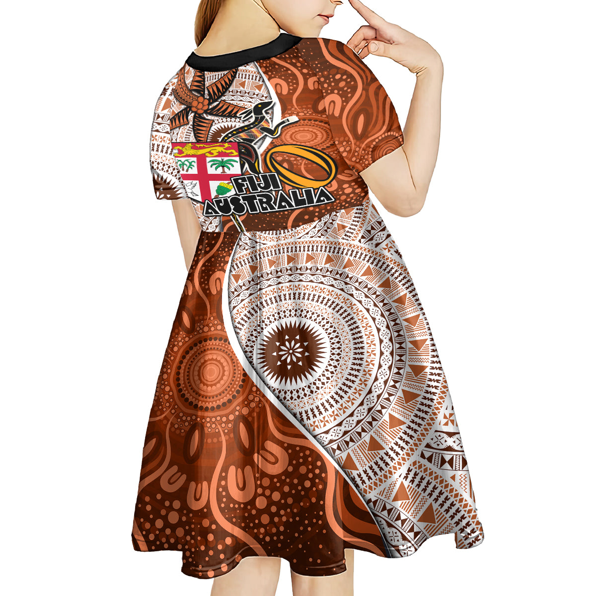 Fiji Australia Rugby Kid Short Sleeve Dress Kangaroo and Palm Tree Orange Tapa Pattern Mix Aboriginal LT03 - Polynesian Pride