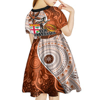 Fiji Australia Rugby Kid Short Sleeve Dress Kangaroo and Palm Tree Orange Tapa Pattern Mix Aboriginal LT03 - Polynesian Pride