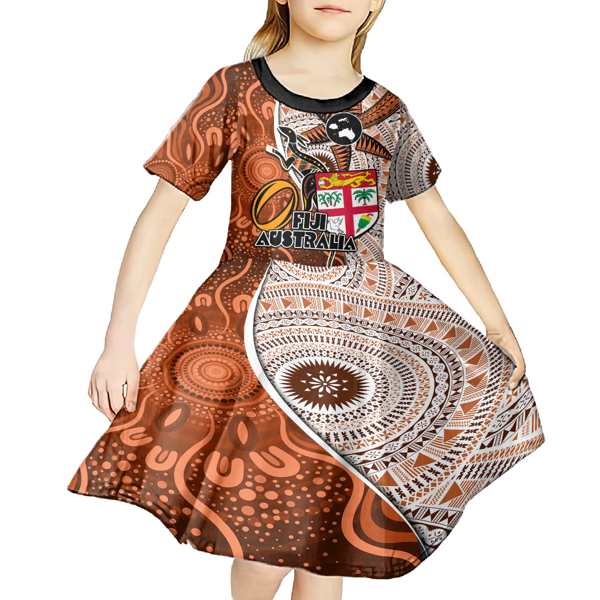 Fiji Australia Rugby Kid Short Sleeve Dress Kangaroo and Palm Tree Orange Tapa Pattern Mix Aboriginal LT03 - Polynesian Pride