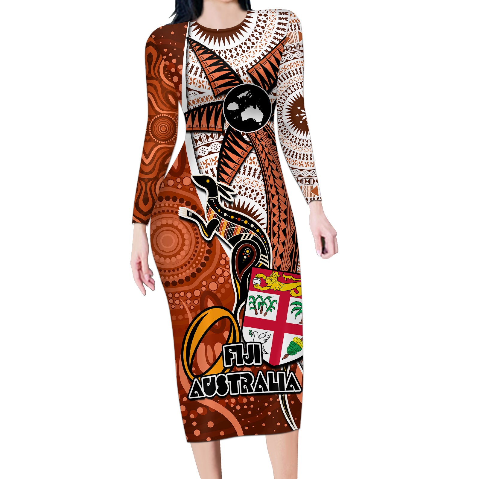 fiji-australia-rugby-long-sleeve-bodycon-dress-kangaroo-and-palm-tree-orange-tapa-pattern-mix-aboriginal