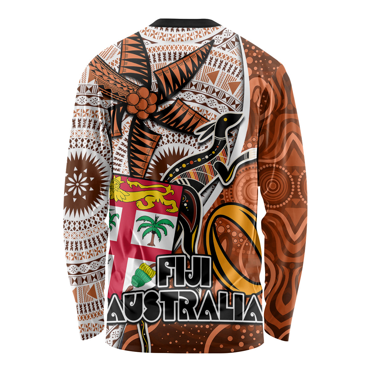 Fiji Australia Rugby Long Sleeve Shirt Kangaroo and Palm Tree Orange Tapa Pattern Mix Aboriginal LT03 - Polynesian Pride