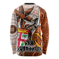 Fiji Australia Rugby Long Sleeve Shirt Kangaroo and Palm Tree Orange Tapa Pattern Mix Aboriginal LT03 - Polynesian Pride