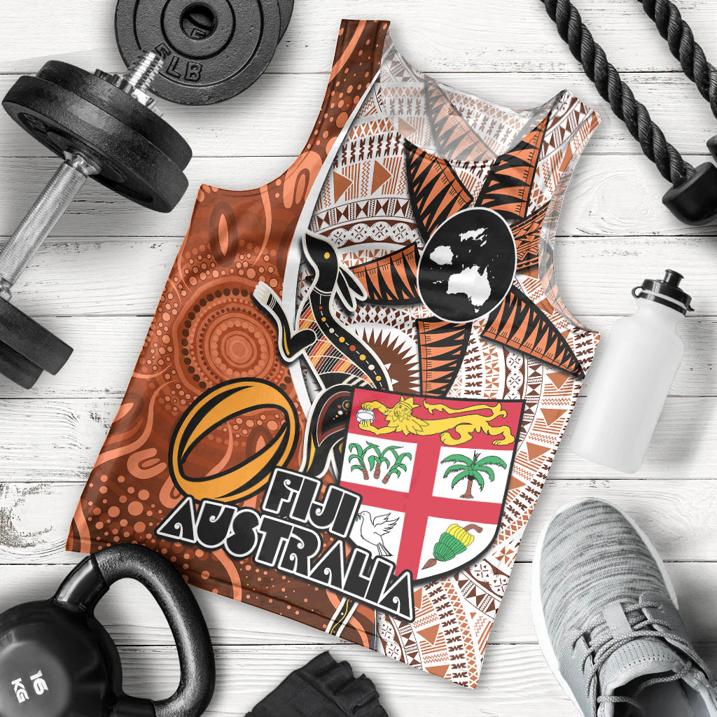 Fiji Australia Rugby Men Tank Top Kangaroo and Palm Tree Orange Tapa Pattern Mix Aboriginal LT03 Orange - Polynesian Pride