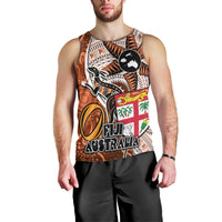 Fiji Australia Rugby Men Tank Top Kangaroo and Palm Tree Orange Tapa Pattern Mix Aboriginal LT03 - Polynesian Pride