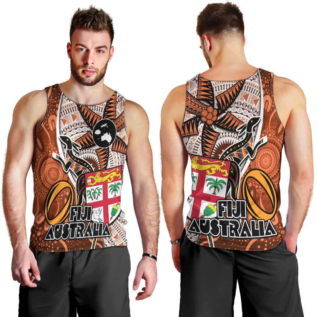 Fiji Australia Rugby Men Tank Top Kangaroo and Palm Tree Orange Tapa Pattern Mix Aboriginal LT03 - Polynesian Pride