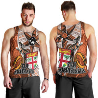 Fiji Australia Rugby Men Tank Top Kangaroo and Palm Tree Orange Tapa Pattern Mix Aboriginal LT03 - Polynesian Pride