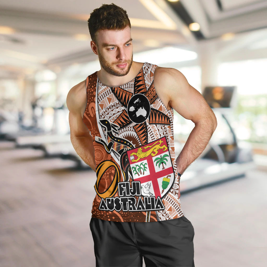 Fiji Australia Rugby Men Tank Top Kangaroo and Palm Tree Orange Tapa Pattern Mix Aboriginal LT03 - Polynesian Pride