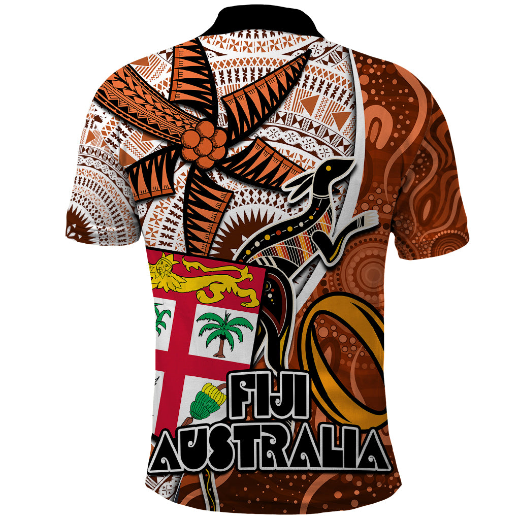 Fiji Australia Rugby Polo Shirt Kangaroo and Palm Tree Orange Tapa Pattern Mix Aboriginal LT03 - Polynesian Pride