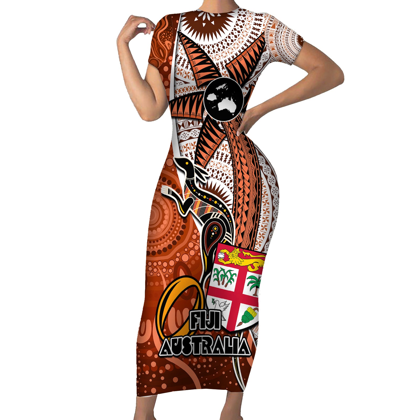 fiji-australia-rugby-short-sleeve-bodycon-dress-kangaroo-and-palm-tree-orange-tapa-pattern-mix-aboriginal