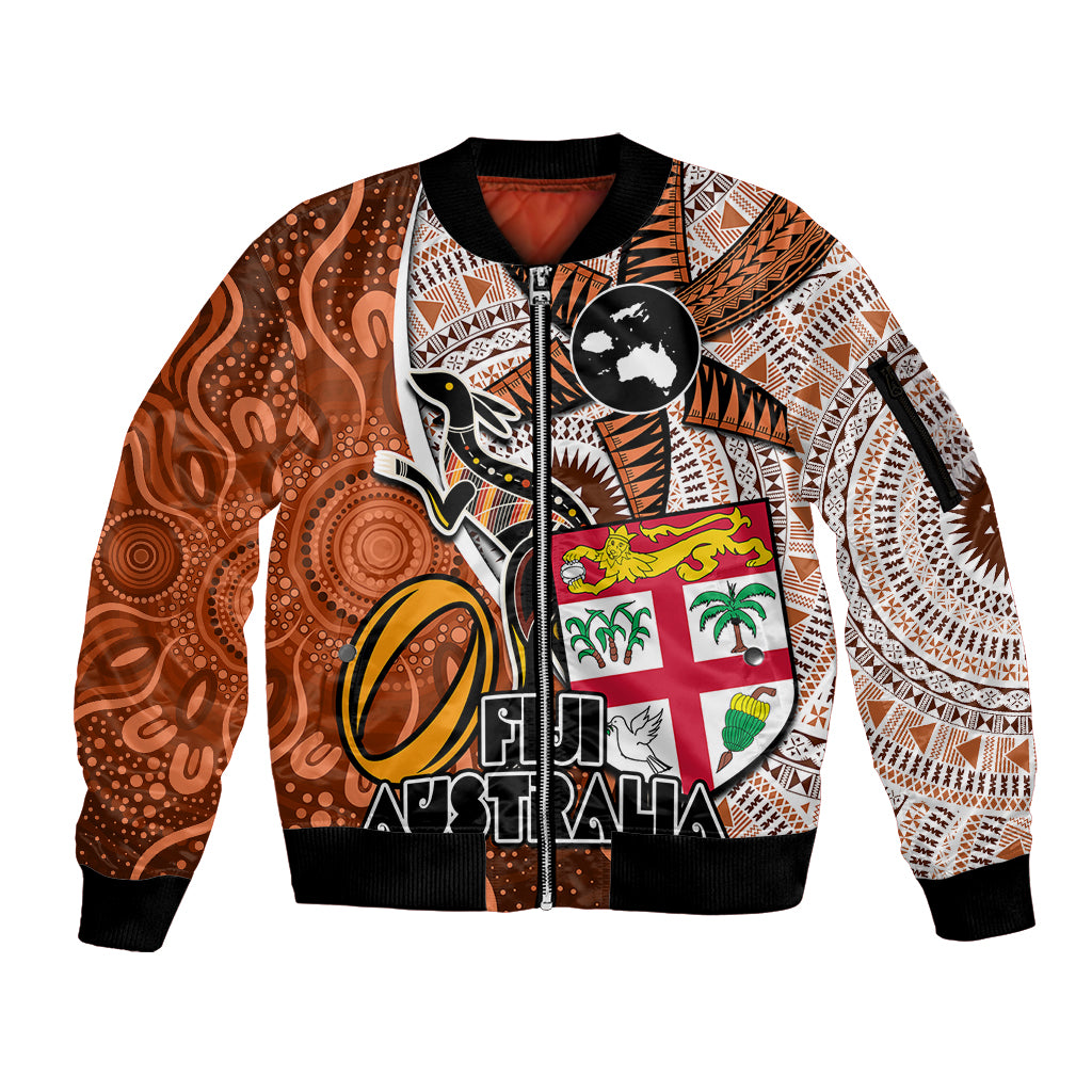 Fiji Australia Rugby Sleeve Zip Bomber Jacket Kangaroo and Palm Tree Orange Tapa Pattern Mix Aboriginal LT03 Unisex Orange - Polynesian Pride