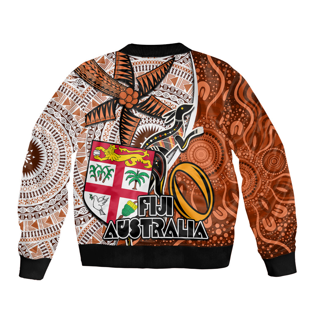 Fiji Australia Rugby Sleeve Zip Bomber Jacket Kangaroo and Palm Tree Orange Tapa Pattern Mix Aboriginal LT03 - Polynesian Pride