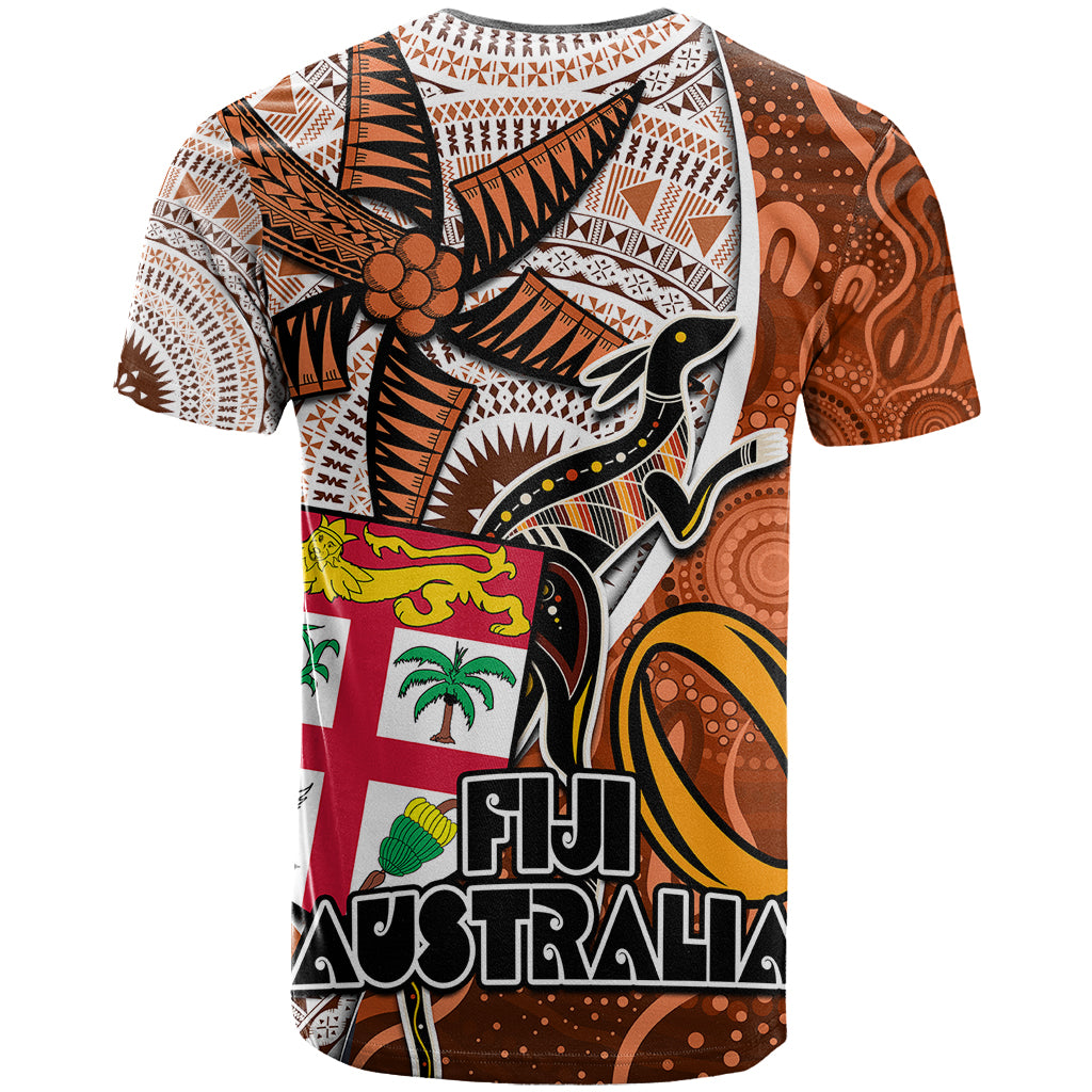 Fiji Australia Rugby T Shirt Kangaroo and Palm Tree Orange Tapa Pattern Mix Aboriginal LT03 - Polynesian Pride