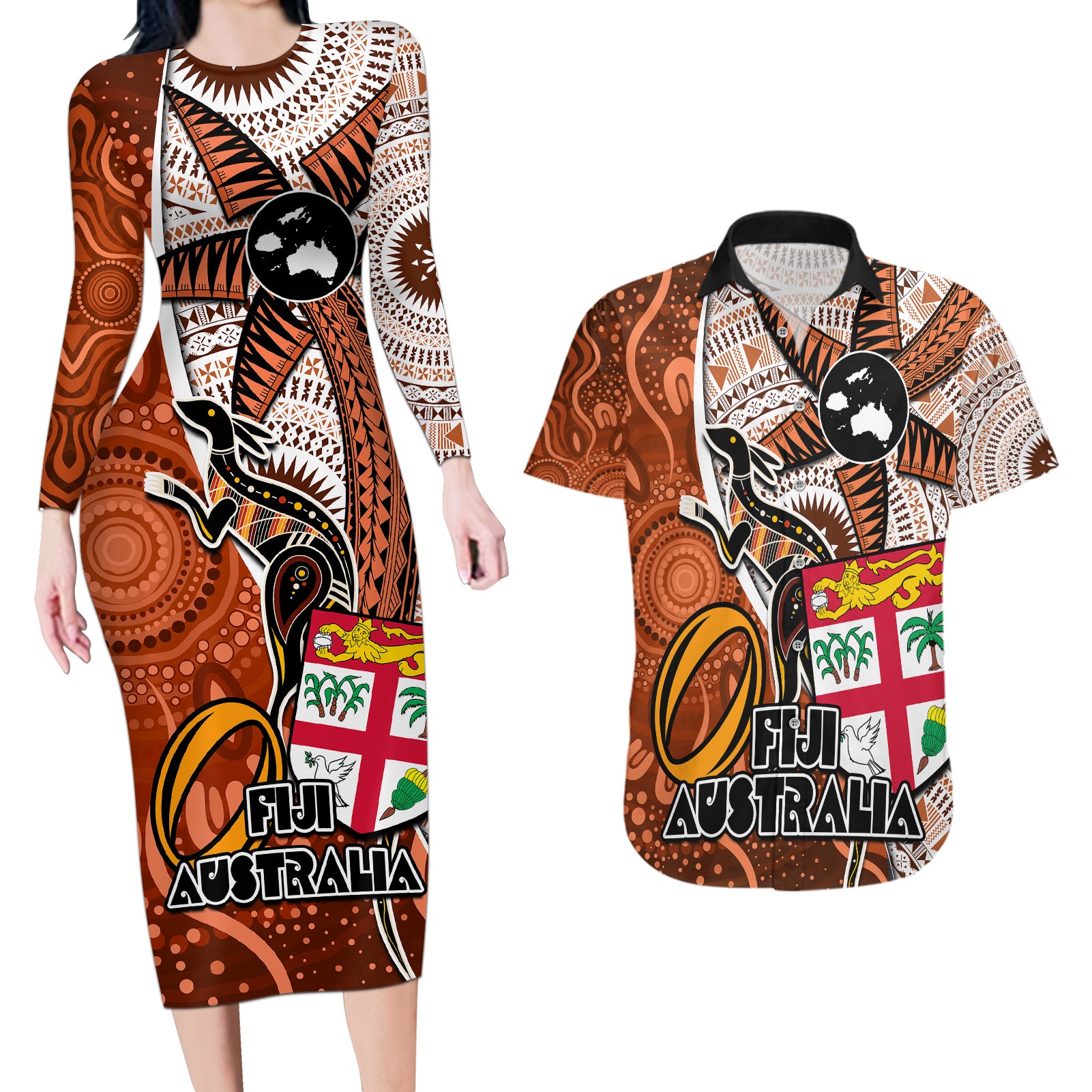 personalised-fiji-australia-rugby-couples-matching-long-sleeve-bodycon-dress-and-hawaiian-shirt-kangaroo-and-palm-tree-orange-tapa-pattern-mix-aboriginal