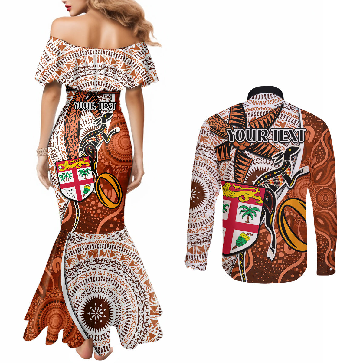 personalised-fiji-australia-rugby-couples-matching-mermaid-dress-and-long-sleeve-button-shirts-kangaroo-and-palm-tree-orange-tapa-pattern-mix-aboriginal