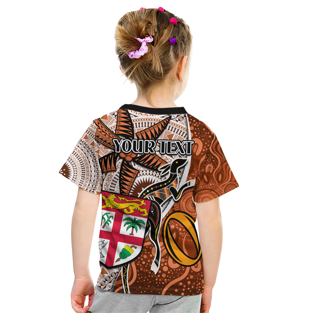 Personalised Fiji Australia Rugby Kid T Shirt Kangaroo and Palm Tree Orange Tapa Pattern Mix Aboriginal LT03 - Polynesian Pride
