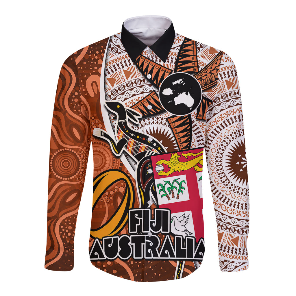personalised-fiji-australia-rugby-long-sleeve-button-shirt-kangaroo-and-palm-tree-orange-tapa-pattern-mix-aboriginal
