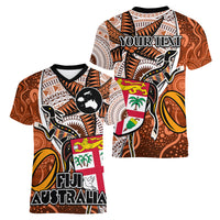 personalised-fiji-australia-rugby-women-v-neck-t-shirt-kangaroo-and-palm-tree-orange-tapa-pattern-mix-aboriginal