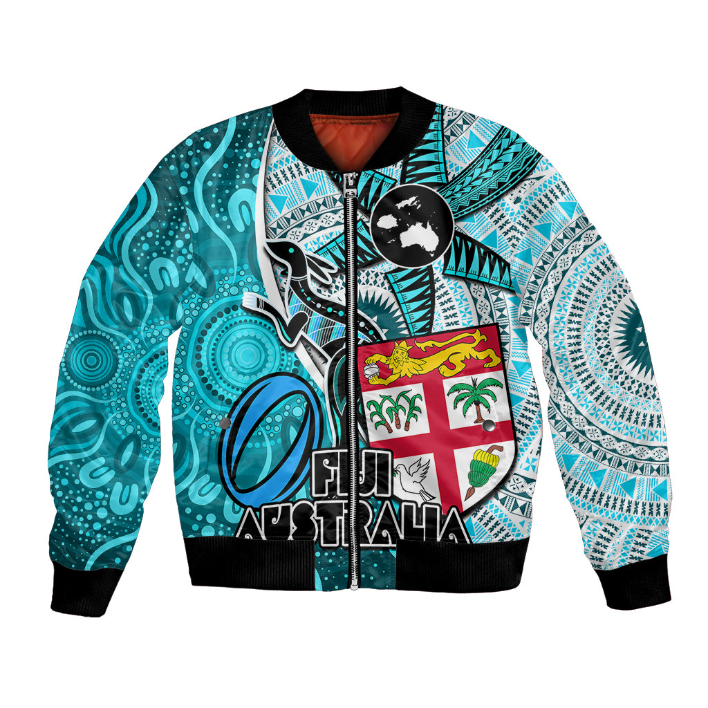 Fiji Australia Rugby Bomber Jacket Kangaroo and Palm Tree Blue Tapa Pattern Mix Aboriginal LT03 Unisex Blue - Polynesian Pride