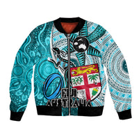Fiji Australia Rugby Bomber Jacket Kangaroo and Palm Tree Blue Tapa Pattern Mix Aboriginal LT03 Unisex Blue - Polynesian Pride