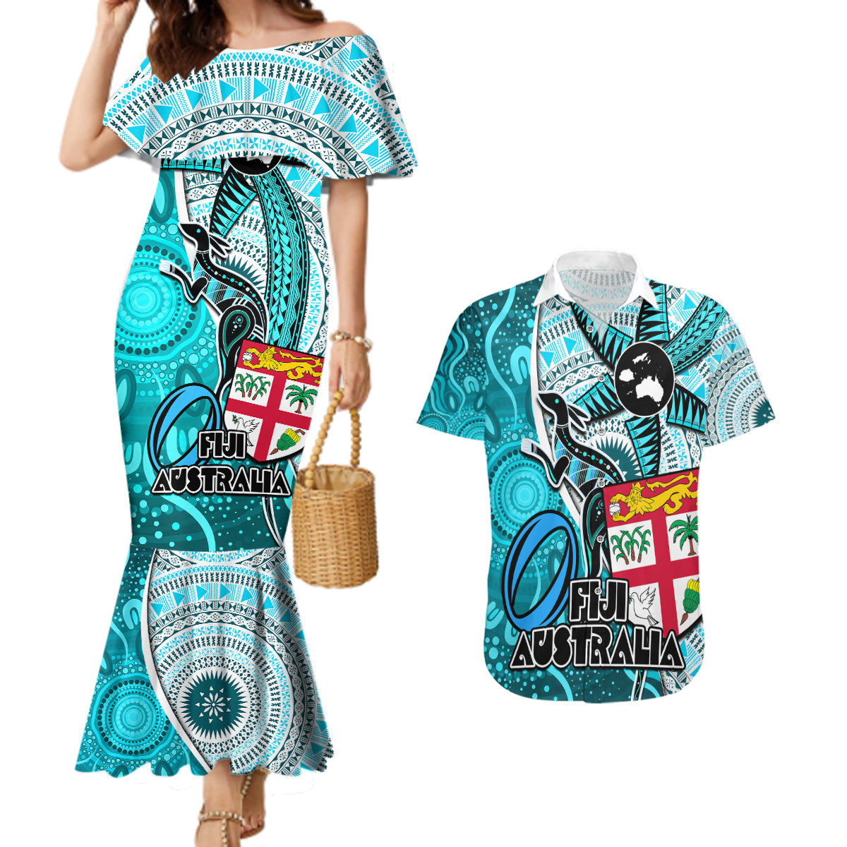 fiji-australia-rugby-couples-matching-mermaid-dress-and-hawaiian-shirt-kangaroo-and-palm-tree-blue-tapa-pattern-mix-aboriginal