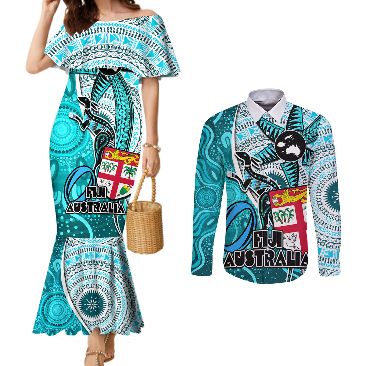 fiji-australia-rugby-couples-matching-mermaid-dress-and-long-sleeve-button-shirts-kangaroo-and-palm-tree-blue-tapa-pattern-mix-aboriginal