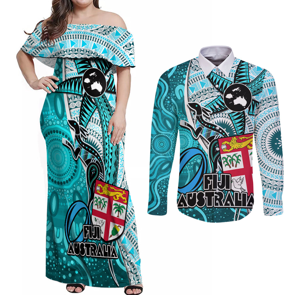 fiji-australia-rugby-couples-matching-off-shoulder-maxi-dress-and-long-sleeve-button-shirts-kangaroo-and-palm-tree-blue-tapa-pattern-mix-aboriginal