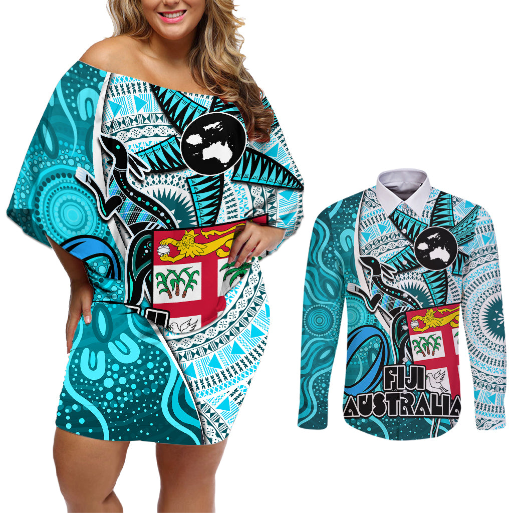 fiji-australia-rugby-couples-matching-off-shoulder-short-dress-and-long-sleeve-button-shirts-kangaroo-and-palm-tree-blue-tapa-pattern-mix-aboriginal