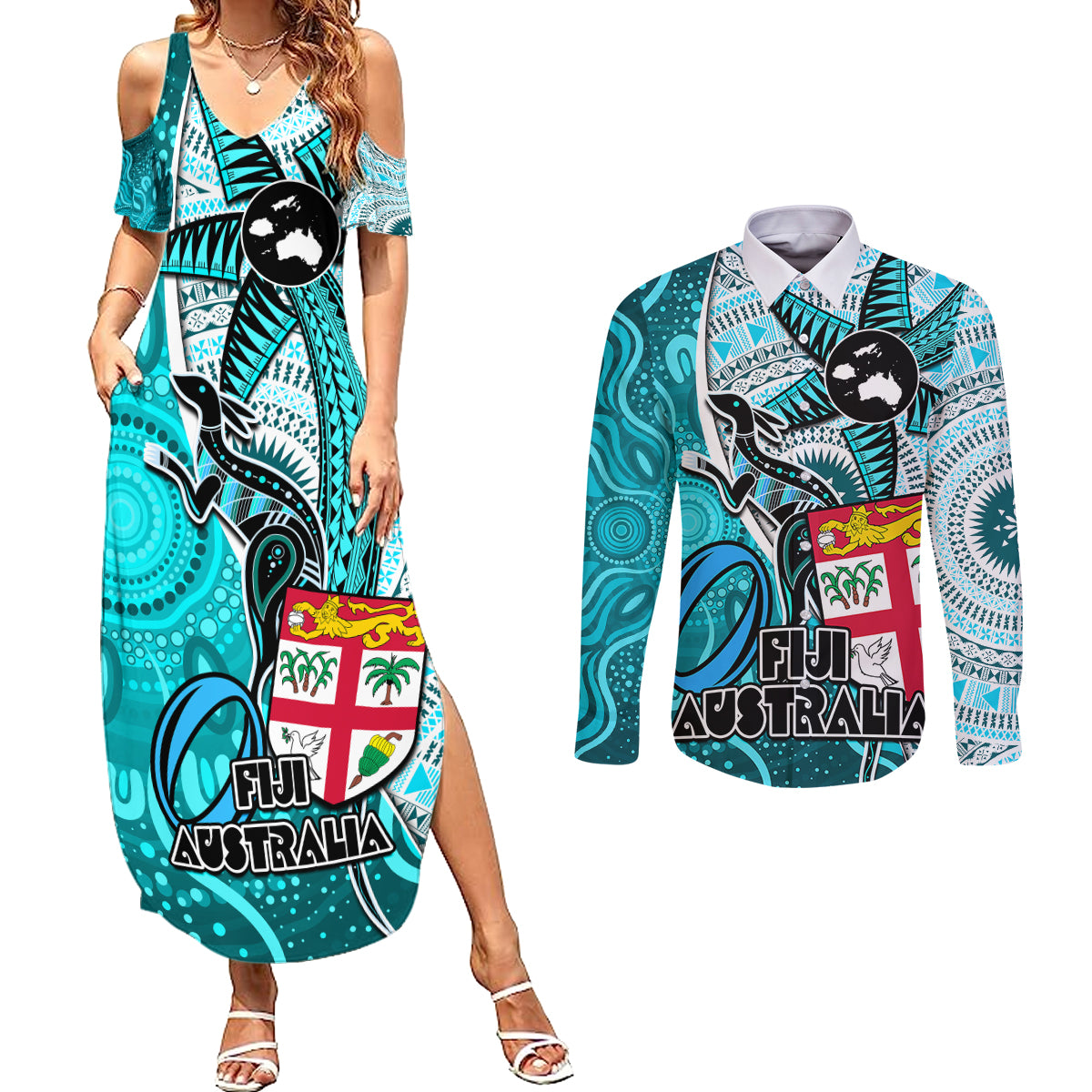 fiji-australia-rugby-couples-matching-summer-maxi-dress-and-long-sleeve-button-shirts-kangaroo-and-palm-tree-blue-tapa-pattern-mix-aboriginal