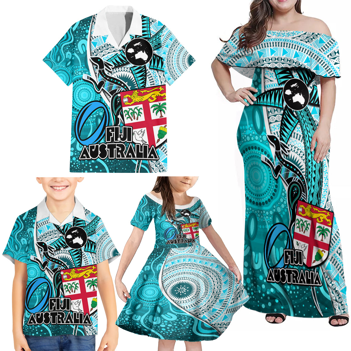 fiji-australia-rugby-family-matching-off-shoulder-maxi-dress-and-hawaiian-shirt-kangaroo-and-palm-tree-blue-tapa-pattern-mix-aboriginal