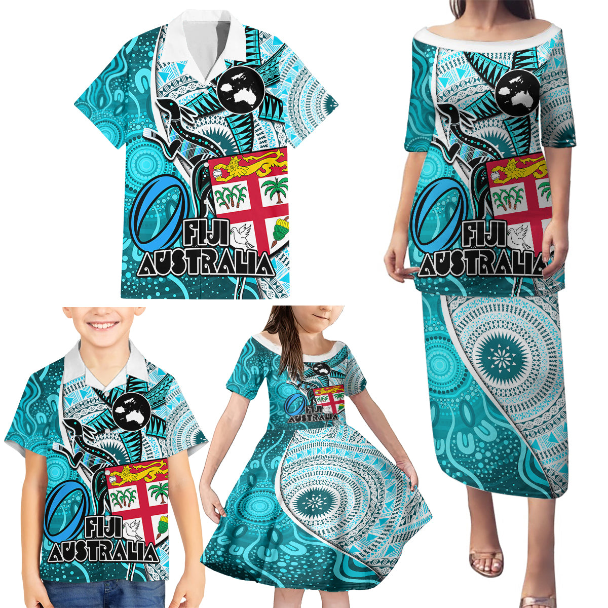 Fiji Australia Rugby Family Matching Puletasi Dress and Hawaiian Shirt Kangaroo and Palm Tree Blue Tapa Pattern Mix Aboriginal LT03 - Polynesian Pride