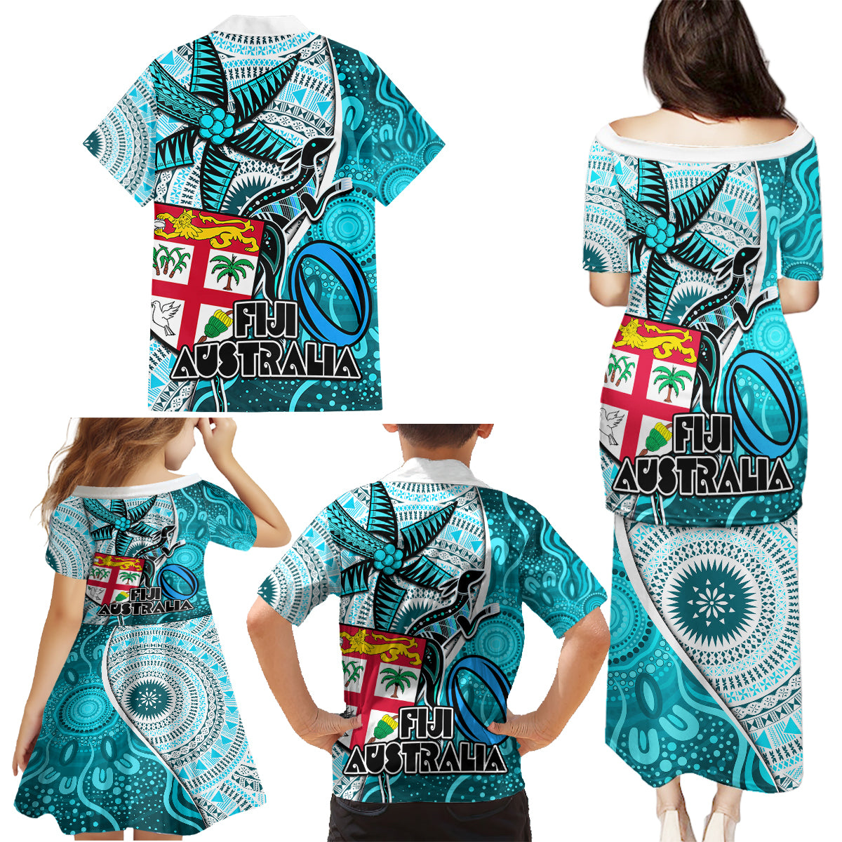 Fiji Australia Rugby Family Matching Puletasi Dress and Hawaiian Shirt Kangaroo and Palm Tree Blue Tapa Pattern Mix Aboriginal LT03 - Polynesian Pride