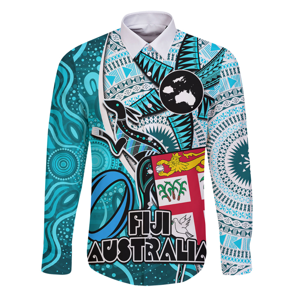 Fiji Australia Rugby Family Matching Puletasi Dress and Hawaiian Shirt Kangaroo and Palm Tree Blue Tapa Pattern Mix Aboriginal LT03 Dad's Shirt - Long Sleeve Blue - Polynesian Pride