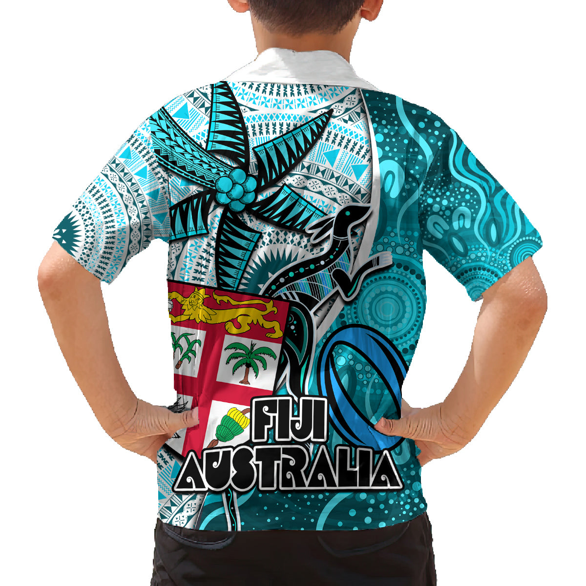 fiji-australia-rugby-family-matching-summer-maxi-dress-and-hawaiian-shirt-kangaroo-and-palm-tree-blue-tapa-pattern-mix-aboriginal
