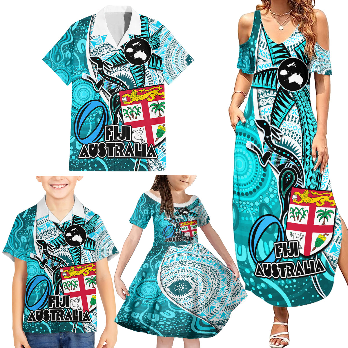 fiji-australia-rugby-family-matching-summer-maxi-dress-and-hawaiian-shirt-kangaroo-and-palm-tree-blue-tapa-pattern-mix-aboriginal