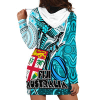 Fiji Australia Rugby Hoodie Dress Kangaroo and Palm Tree Blue Tapa Pattern Mix Aboriginal LT03 - Polynesian Pride