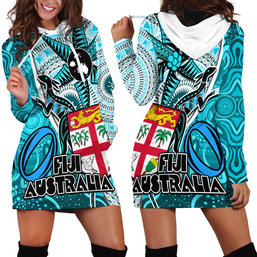 Fiji Australia Rugby Hoodie Dress Kangaroo and Palm Tree Blue Tapa Pattern Mix Aboriginal LT03 - Polynesian Pride