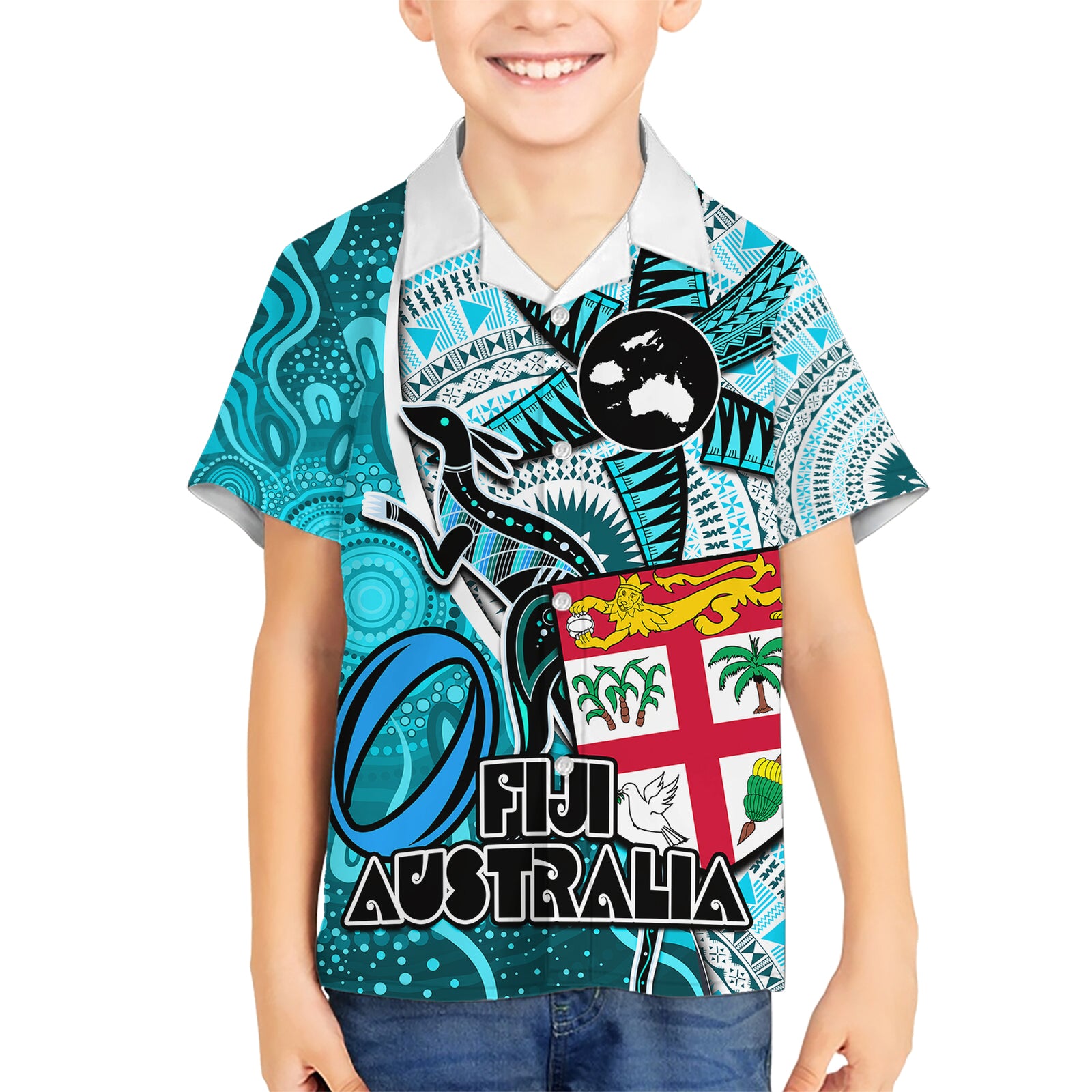 Fiji Australia Rugby Kid Hawaiian Shirt Kangaroo and Palm Tree Blue Tapa Pattern Mix Aboriginal LT03 Kid Blue - Polynesian Pride