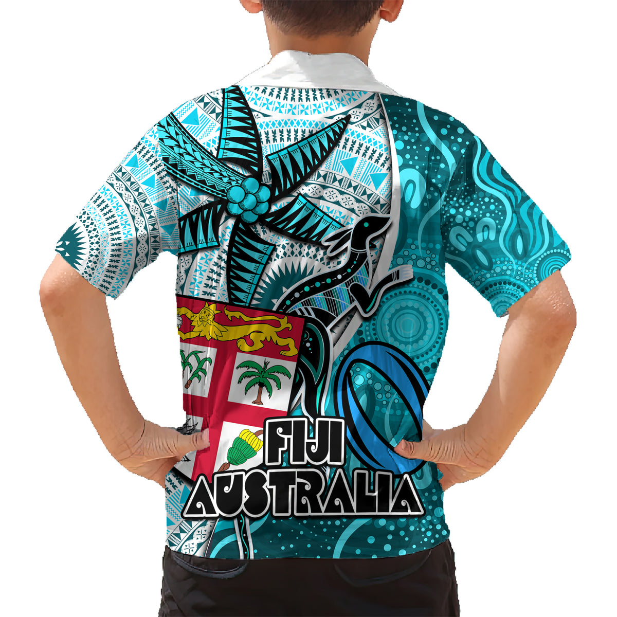Fiji Australia Rugby Kid Hawaiian Shirt Kangaroo and Palm Tree Blue Tapa Pattern Mix Aboriginal LT03 - Polynesian Pride