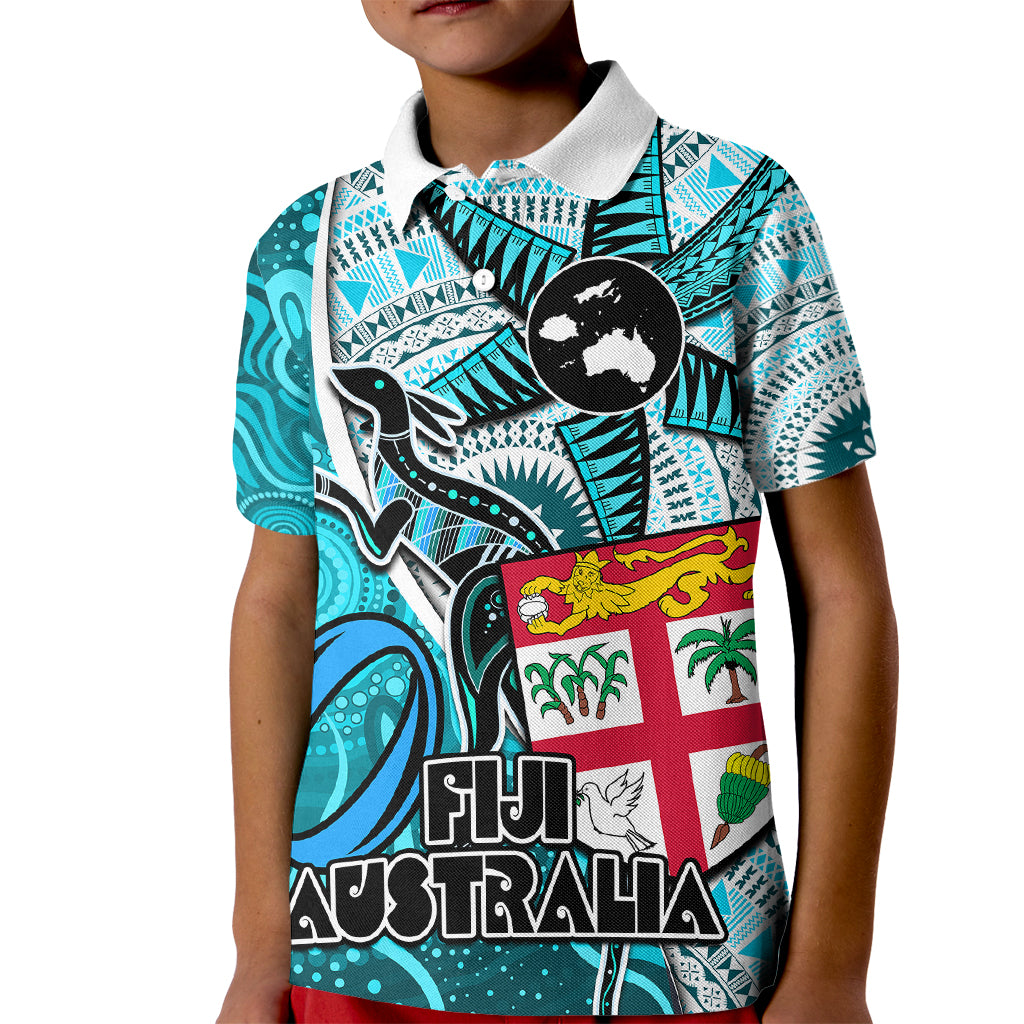Fiji Australia Rugby Kid Polo Shirt Kangaroo and Palm Tree Blue Tapa Pattern Mix Aboriginal LT03 Kid Blue - Polynesian Pride