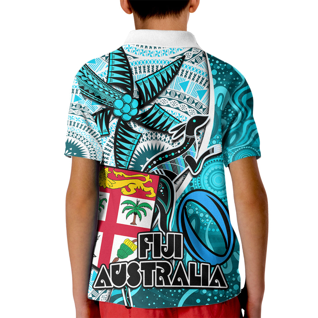 Fiji Australia Rugby Kid Polo Shirt Kangaroo and Palm Tree Blue Tapa Pattern Mix Aboriginal LT03 - Polynesian Pride